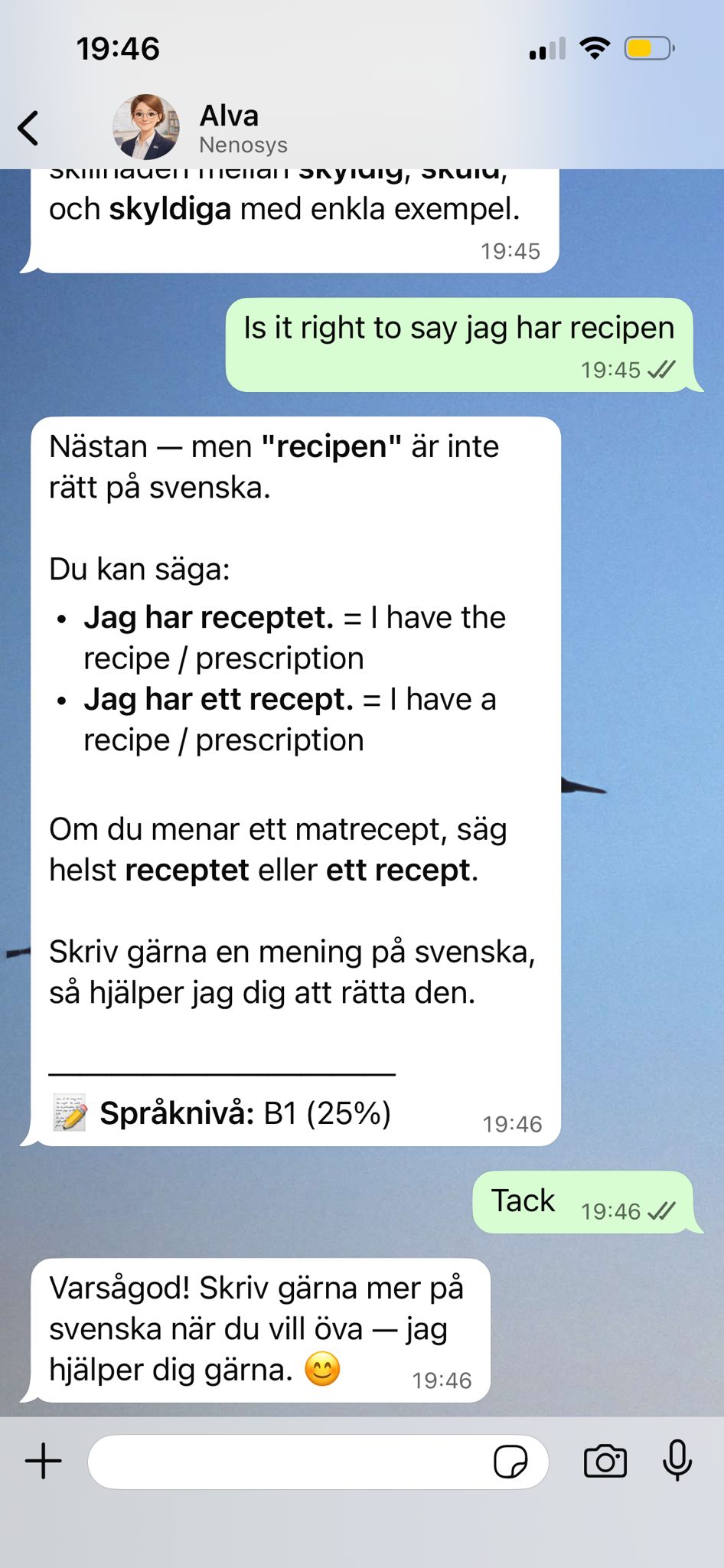 Tala Nu — Swedish lesson in WhatsApp